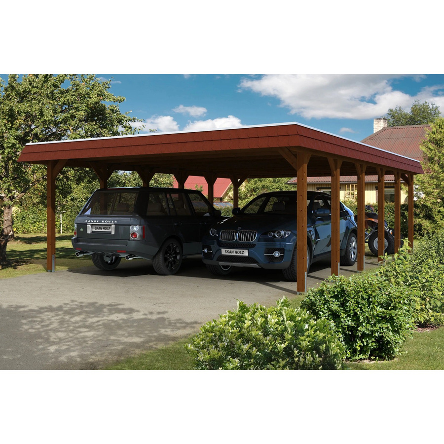 Skan Holz Carport Spreewald aus Nadelholz mit roter Blende in Nussbaum, B/T: 585 x 893 cm - Bild 2