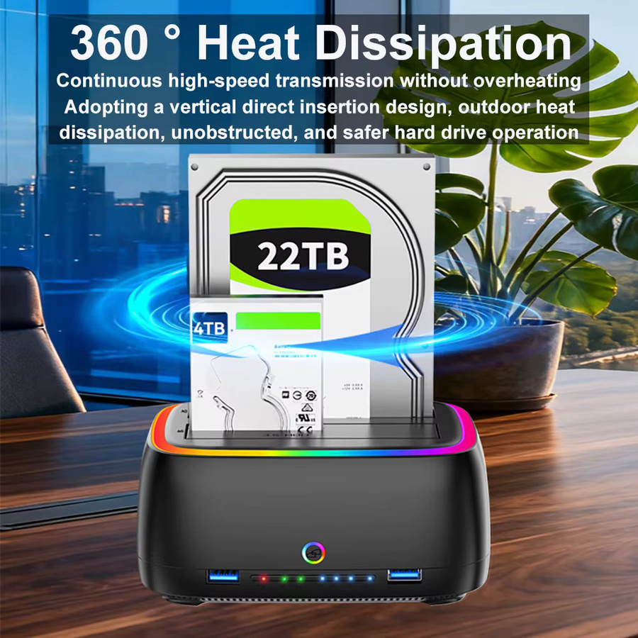 Kebidu USB 3.0 Dual-Bay HDD-Dockingstation mit One Click Offline Copy und RGB-Lichteffekt für 2,5 und 3,5 Zoll HDD/SSD, Schwarz/Multicolor - Bild 4