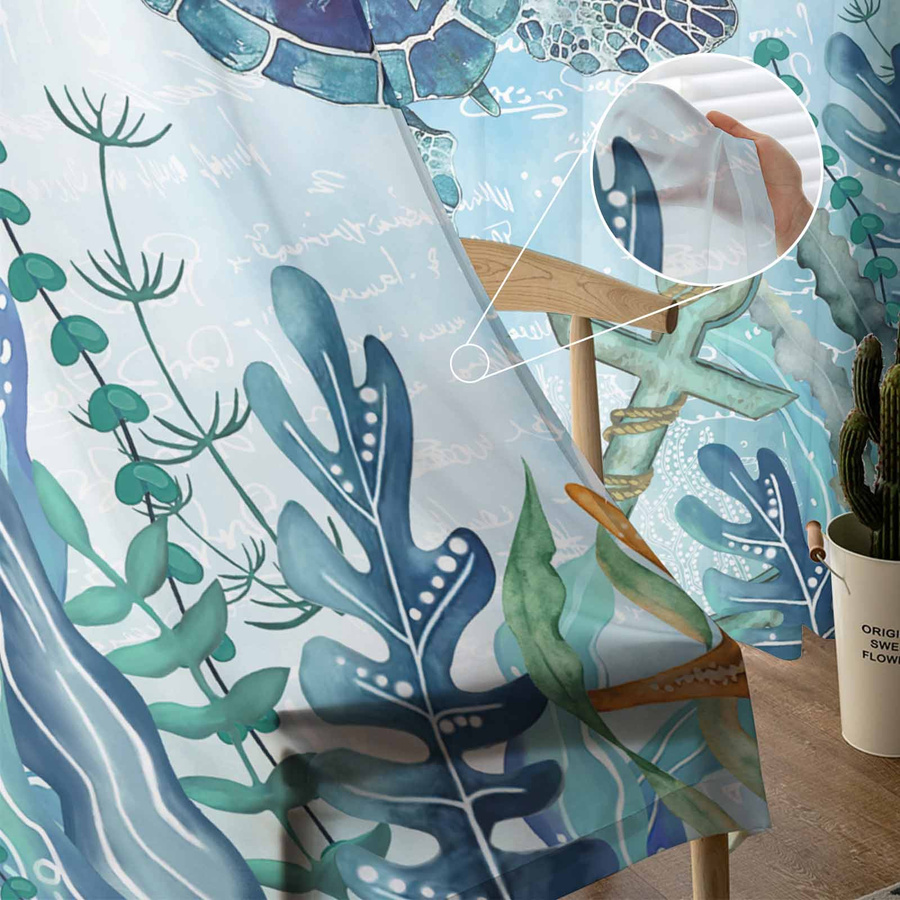 Transparente Tüll-Voile-Vorhänge mit Meeresleben-Motiv in Multicolour, Breite: 135 cm, Höhe: 115 cm - Bild 2