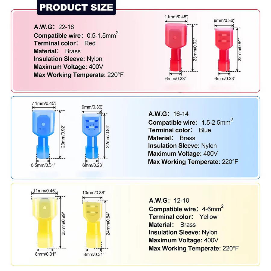 TEMINUO Nylon-Flachsteckverbinder Set, 22-10 AWG, vollständig isolierte elektrische Crimpklemmen, 60/80/100 Stück - Bild 2