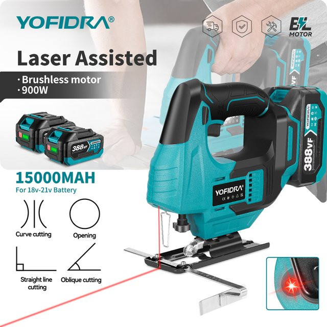 YOFIDRA Bürstenlose Elektro-Stichsäge mit Infrarot-Laser und variabler Geschwindigkeit, Multifunktions-Kurvenschneider in Türkis, kompatibel mit Makita 21V Akku - Bild 1