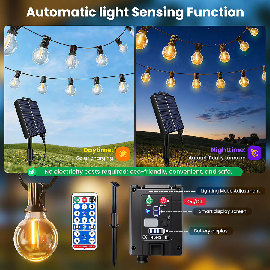 Aiopp Solar G40 LED-Lichterkette für den Außenbereich mit Fernbedienung, dimmbar, IP44 wasserdicht, warmweiß, transparent - Bild 2