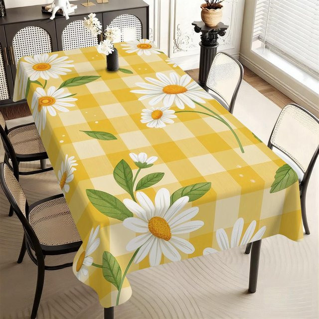 JMG Household Supplies Tischdecke mit Gänseblümchen-Blätter-Muster und gelb-kariertem Design, wasserabweisend und waschbar, B/T: 140 x 90 cm, Weiß und Gelb - Bild 1