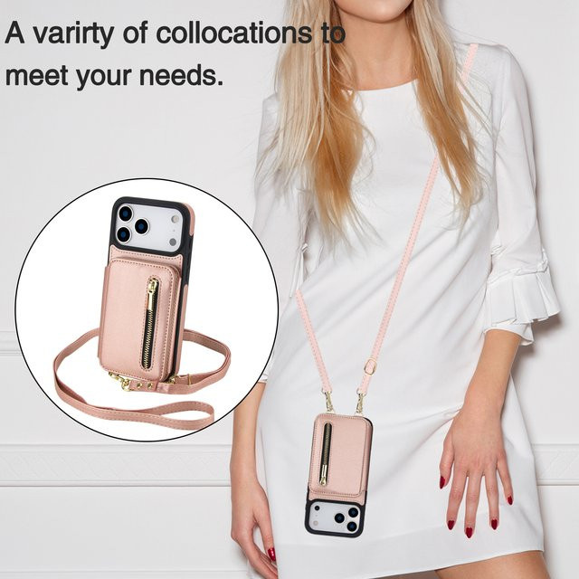 KELAPA Crossbody Leder Brieftasche und Handyhülle mit Kartenfächern und Reißverschluss für iPhone 11 bis iPhone 17 Pro Max in Braun oder Pink - Bild 1
