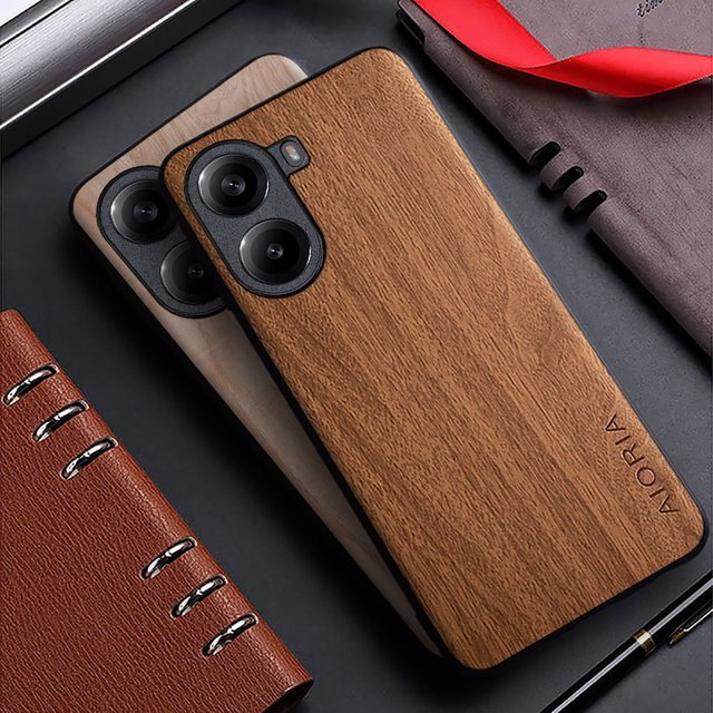 Xiaomi Handyhülle mit Bambus-Holzmuster aus Leder für Poco X7 Pro, Poco X6 und Poco X5 Pro 5G in Braun - Bild 1