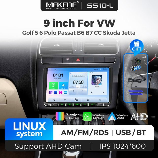 MEKEDE 9 Zoll Linux-System Kabelloses CarPlay und Android Auto Autoradio mit Bluetooth in Schwarz für Volkswagen VW Passat B6 B7 T5 Tiguan Touran Golf 5 Golf 6 Polo Skoda Octavia Fabia Seat Jetta Caddy - Bild 1