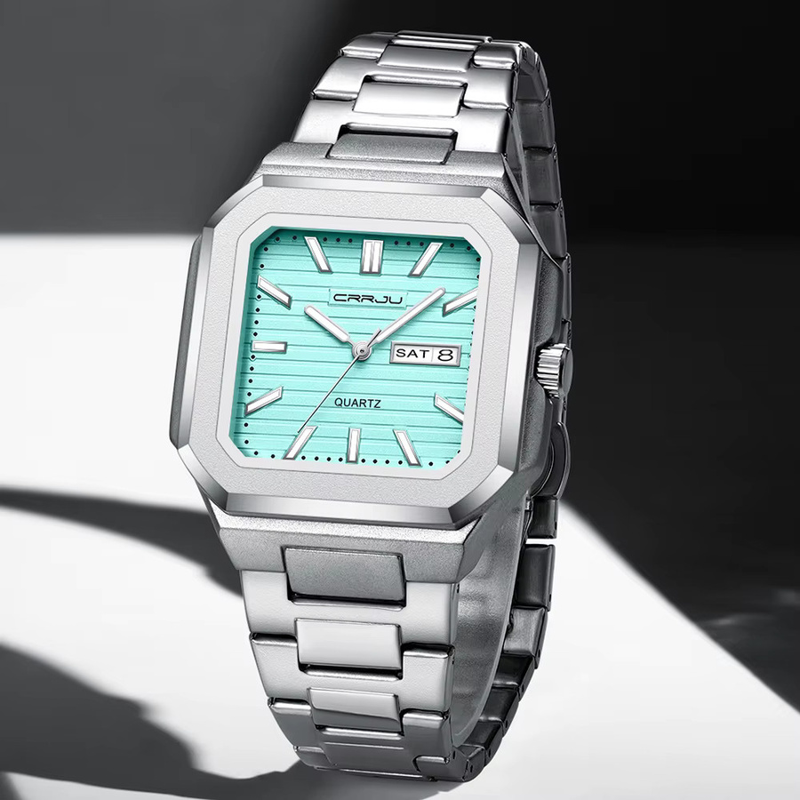 CRRJU Armbanduhr Edelstahl, Quarz, eckig, Grün, Silber, Herren - Bild 3