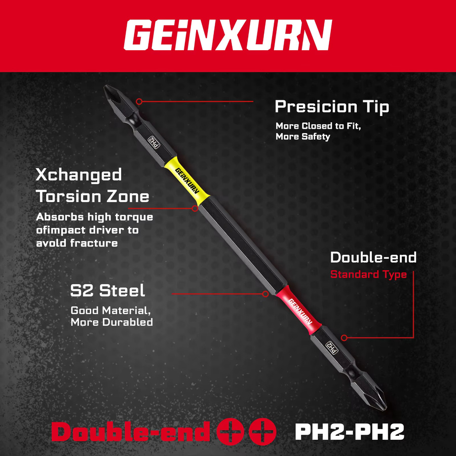 Geinxurn Schlagschrauber-Bit PH2-PH2 Doppelendig, 6 Zoll, S2-Legierungsstahl, Schwarz - Bild 3