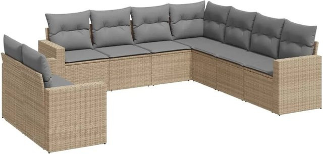 vidaXL 9-tlg. Garten-Sofagarnitur in L-Form aus Poly-Rattan in Beige mit Kissen und pulverbeschichtetem Stahlgestell - Bild 1