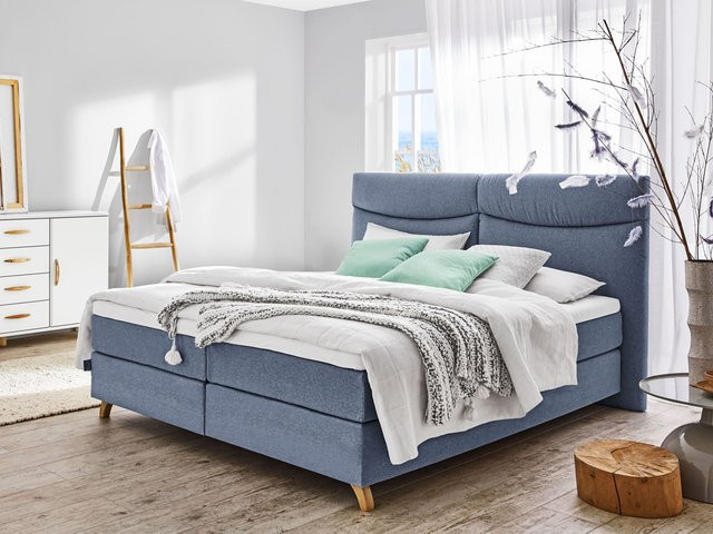 Boxspringbett SANSIBAR LIVING Langeoog in Blau mit Hybrid-Federkern und Polsterrahmen, B/T: 180 x 200 cm - Bild 1