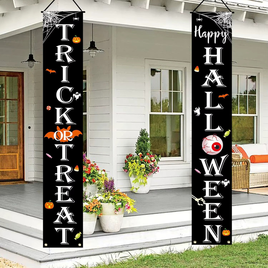 VIKAMA Halloween Trick or Treat Banner Dekoration für Innen und Außen, weißes Textil-Wimpelbanner mit Schriftzug, Breite: 30 cm, Höhe: 180 cm - Bild 2