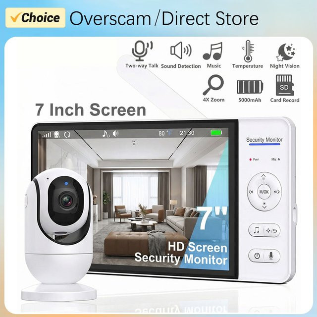 Overscam Babyphone mit 7-Zoll-Bildschirm, Kamera, Audio und Nachtsicht, Weiß, ohne WLAN mit Temperaturüberwachung und 2-Wege-Gespräch - Bild 1
