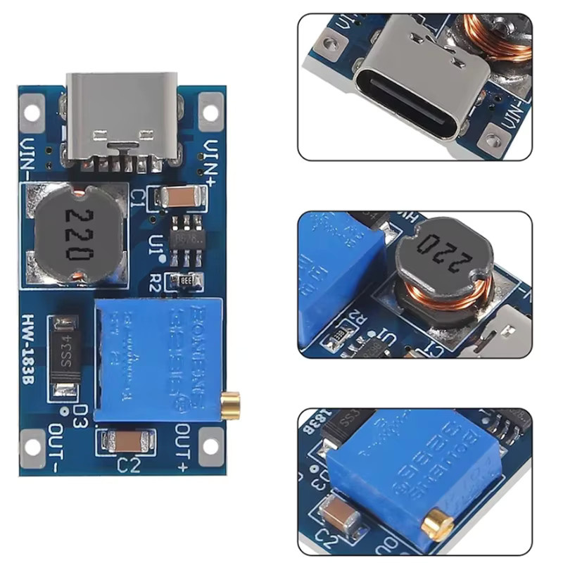 MT3608 Einstellbares Step Up Modul mit USB-C Anschluss, DC-DC Boost Converter Spannung Regler, 2V-24V zu 5V-28V, 2A, Blau - Bild 2