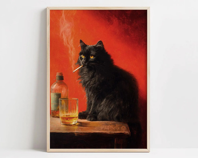Vintage Poster mit schwarzer Katze im Portrait-Stil von SHENCHEN als skurrile Wandkunst für deine Küche oder Bar - Bild 1