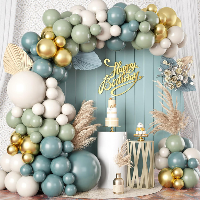 107-teiliges Ballon-Girlanden-Set in Salbeigrün, Gold, Blau, Sandweiß und Weiß für Geburtstag, Hochzeit oder Babyparty - Bild 1