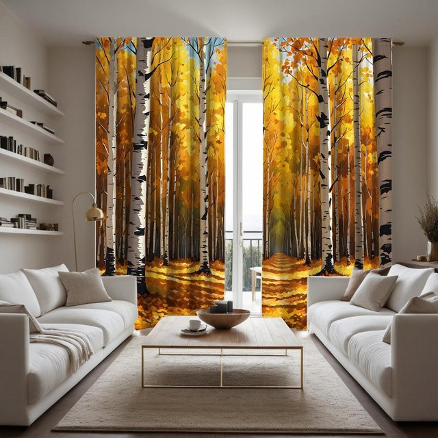 2er-Set Dekovorhang Herbst Birkenwald mit Blättermuster, Gelb und Schwarz, B: 132 cm, H: 160 cm - Bild 1