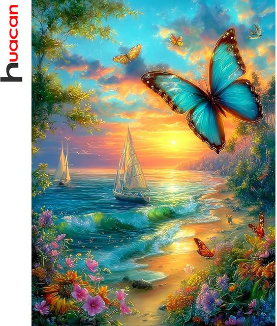 Huacan 5D DIY Diamantmalerei Sonnenuntergang am Meer mit Schmetterling als dekoratives Mosaik-Landschaftsgemälde in Mehrfarbig, B/H: 20 x 30 cm - Bild 1