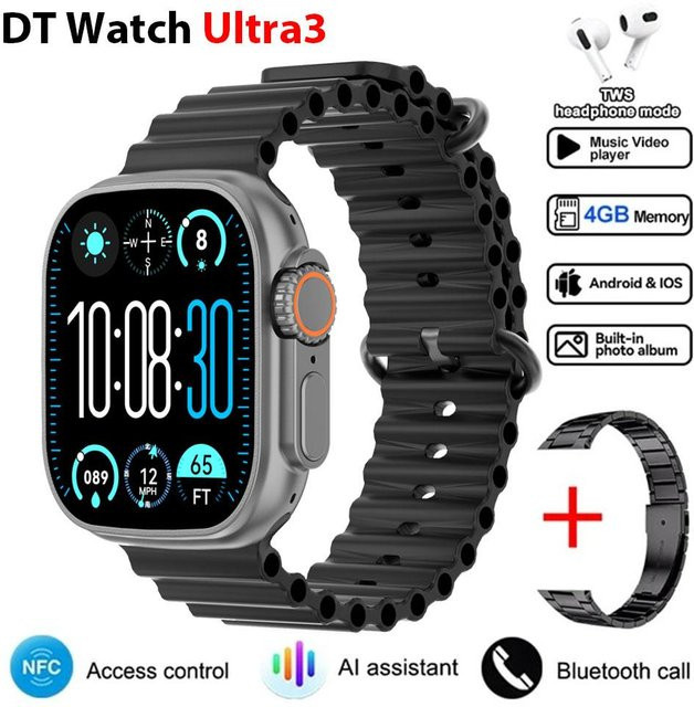 DT Ultra 3 Smartwatch mit Amoled Bildschirm, 4GB Speicher, MP3 MP4 Player, Bluetooth und ChatGPT Smart AI Funktion, Schwarz - Bild 1