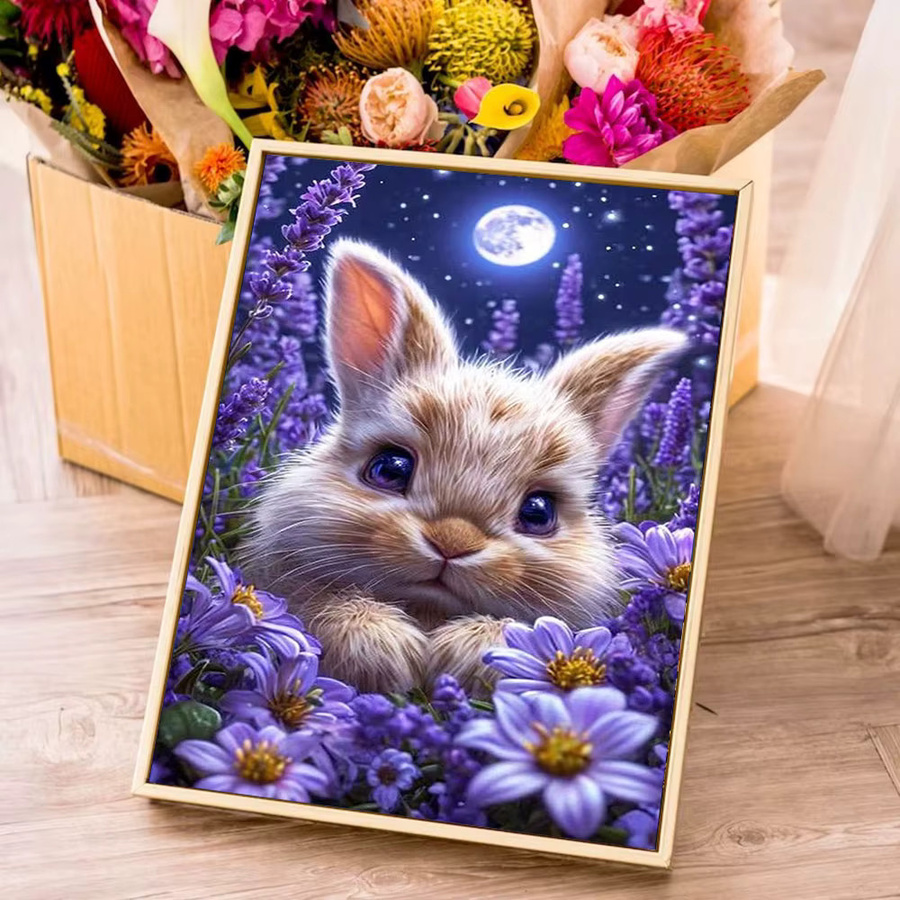 Huacan 5D DIY Diamantmalerei Hase und Mond mit Blumen als dekoratives Diamantmosaik in Mehrfarbig, Breite: 20 cm, Höhe: 30 cm - Bild 3