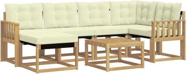 vidaXL Outdoor-Sofagarnitur 7-teilig aus Akazienholz in L-Form mit Kissen und Couchtisch, Weiß und Beige - Bild 1