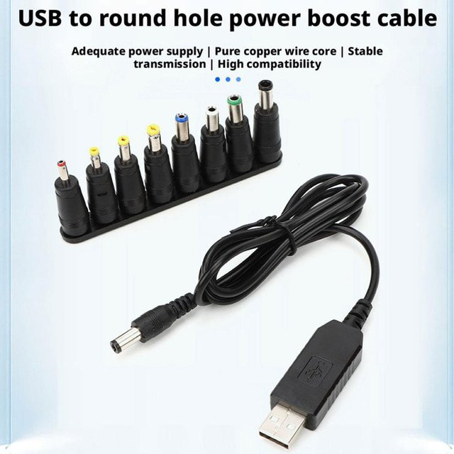 USB zu DC 5,5 x 2,1 mm Boost-Kabel Stromverstärkerkabel Schwarz für 9V/12V mit 8 DC-Anschlüssen - Bild 1