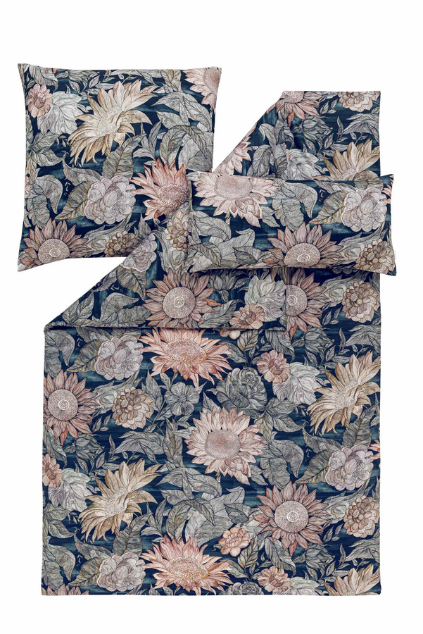 Estella Mako-Satin Bettwäsche Willa mit Blumen und Blättern, Farbe Nachtblau, B/H: 155 x 220 cm, inklusive Kissenbezug 80 x 80 cm - Bild 1