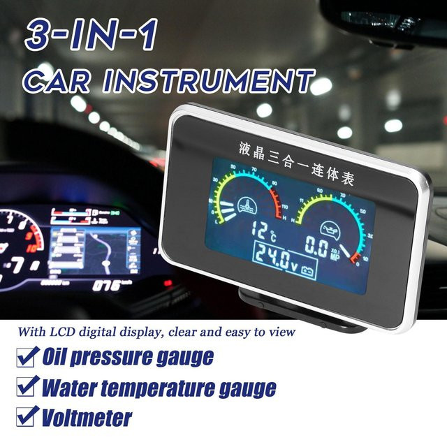 Wosawe outdoor sports 3 in 1 Digitalanzeige für Öldruck, Spannung und Wassertemperatur mit LCD-Display für Auto, LKW und SUV, schwarz, 9-36V - Bild 1