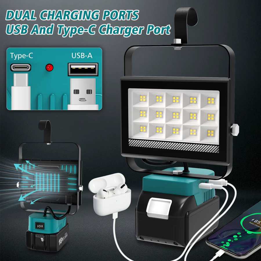 T-SUNRISE Tragbares 60-W LED-Arbeitslicht in Schwarz mit 6000 Lumen, verstellbarer Basis und Haken, wiederaufladbares LED-Flutlicht für Makita 18V-20V Li-Ionen-Akkus - Bild 3