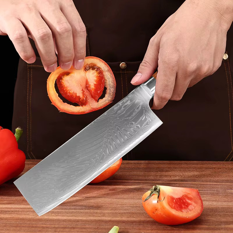 InLeung Damaskus Kochbeil Cleaver aus Stahl mit Holzgriff in Silber - Bild 5