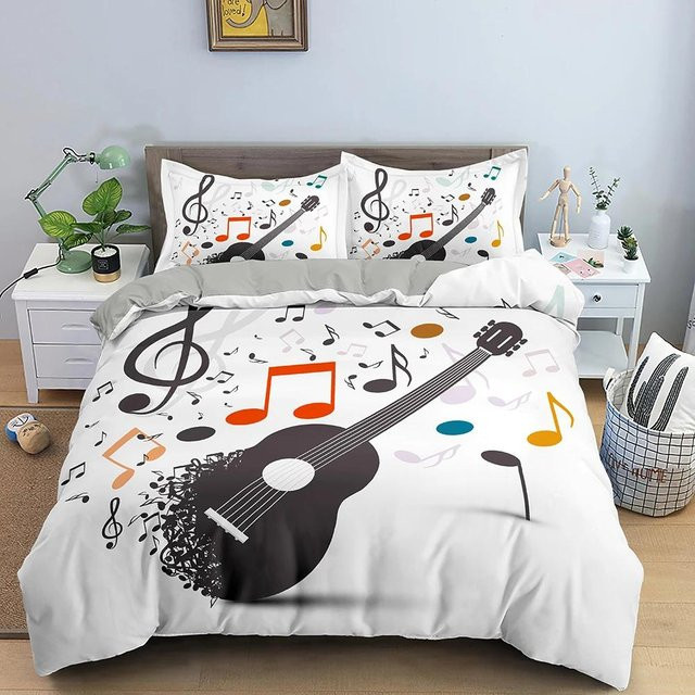 Bettwäscheset Your Warm Home mit 3D-Druck Gitarren- und Musiknoten-Design für Kinder, bestehend aus Bettbezug und Kissenbezug, Farbe: Weiß, B/H: 135 x 200 cm, Kissenbezug: 50 x 70 cm - Bild 1
