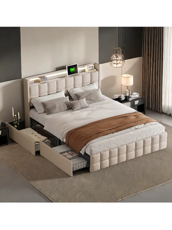 Anajqaqia Polsterbett mit 4 Schubladen und LED-Kopfteil inklusive USB-Ladefunktion, Doppelbett aus Leinen in Beige, B/T: 180 x 200 cm - Bild 5