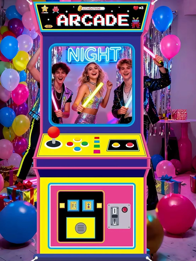 OURFETE Retro-Arcade-Spielautomat Fotohintergrund in Multicolor für Videospiel-Themenpartys - Bild 6
