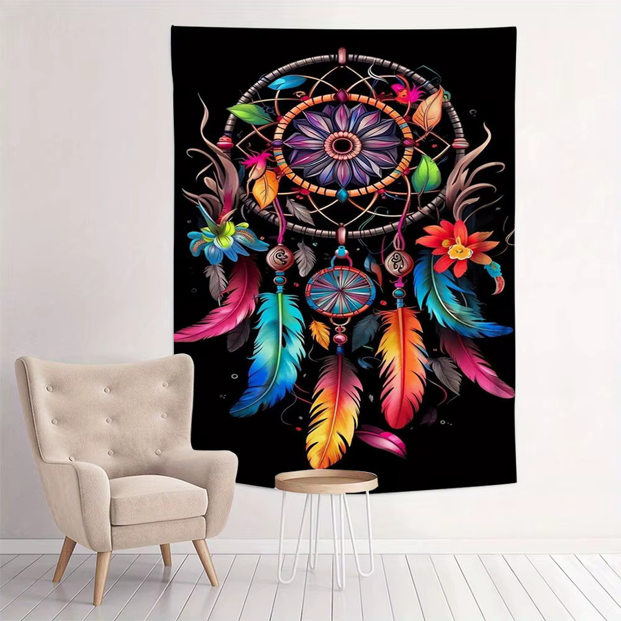 VIKAMA Vintage Traumfänger Wandteppich im Boho-Stil mit Blumen und Federn, Mehrfarbig, B/H: 60 x 40 cm - Bild 2