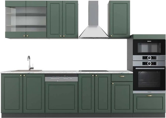 Vicco Fame-Line Küchenzeile im Landhausstil in Grün, Gold und Anthrazit mit Hochschrank und Marmor-Arbeitsplatte, Breite: 300 cm - Bild 1