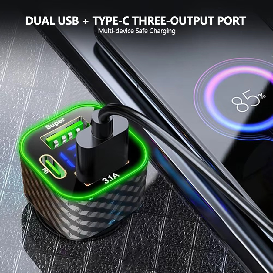 4-in-1 Autotelefon-Ladegerät mit USB-C Dual PD und Spannungsanzeige, 380 W Superschnellladeadapter in Schwarz für iPhone, Xiaomi, Oppo, Vivo und Samsung - Bild 4