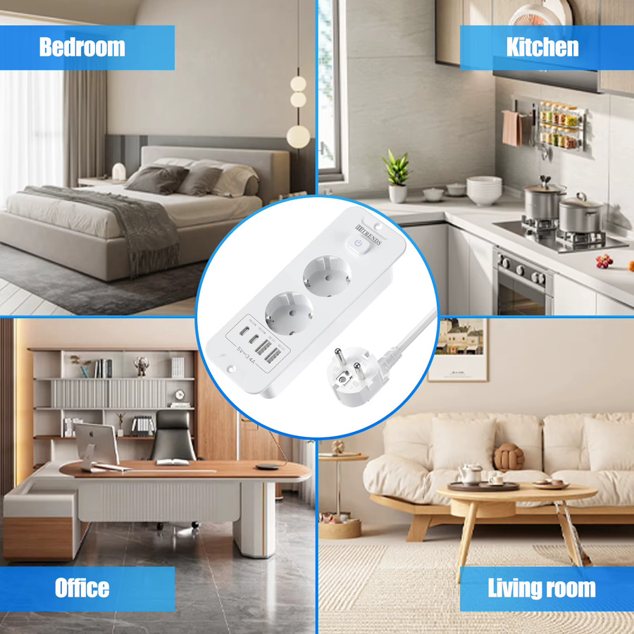 HITRENDS EU-Tisch-Einbausteckdose in Weiß mit 1 Steckdose, 2 USB-A und 2 USB-C PD20W Schnellladung sowie 2 m Kabel - Bild 4
