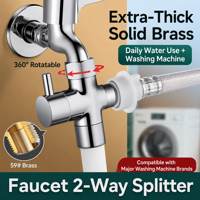 LITERE SANITARY WARE Messing-Wasserhahnverteiler 2-Wege-Wasserumlenkventil in Chrom, 1/2 Zoll Anschluss für Waschmaschinen-Zulaufrohr mit Schalter - Bild 1