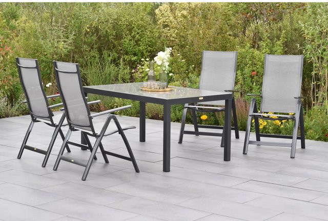 Merxx Carrara Gartenmöbel Set 5-tlg. mit Tisch und 4 Klappsesseln in Braun, Tisch B: 150 cm, T: 90 cm, Material Aluminium und Sicherheitsglas - Bild 1
