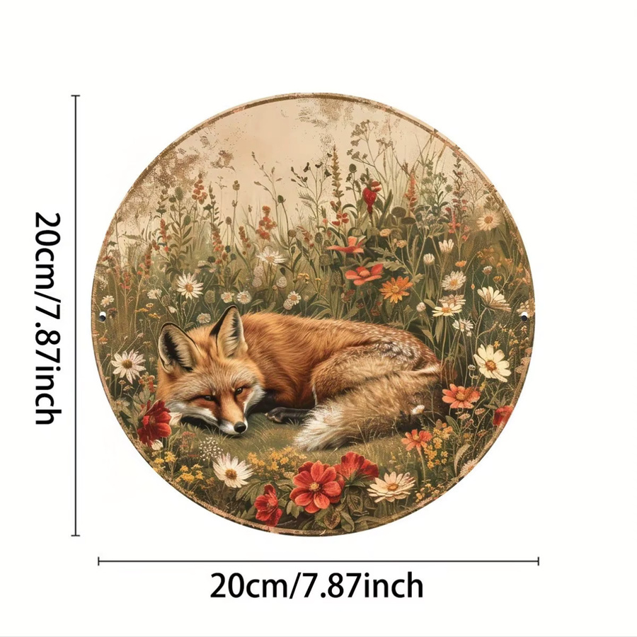 Potdemiel Rundes Metallschild mit Vintage Fuchs und floralem Wiesen-Design, Durchmesser: 20,3 cm, Mehrfarbig - Bild 2
