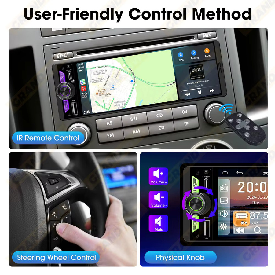 Grandnavi 6,5 Zoll 1Din IPS Autoradio mit kabellosem Carplay, Android Auto und Airplay, Bluetooth, USB-C PD3.0 Schnellladung, Schwarz - Bild 5