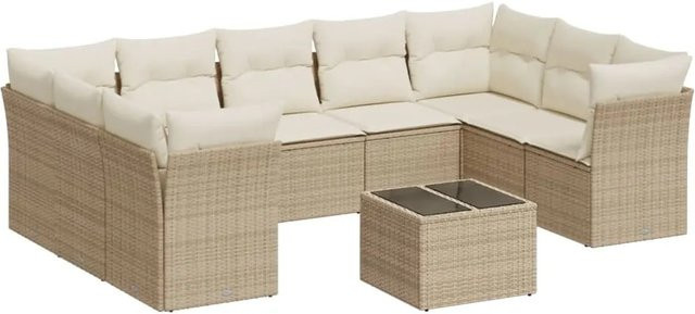 vidaXL 10-teilige Garten-Sofagarnitur in U-Form aus Poly-Rattan in Beige-Creme mit Tisch und Kissen - Bild 1