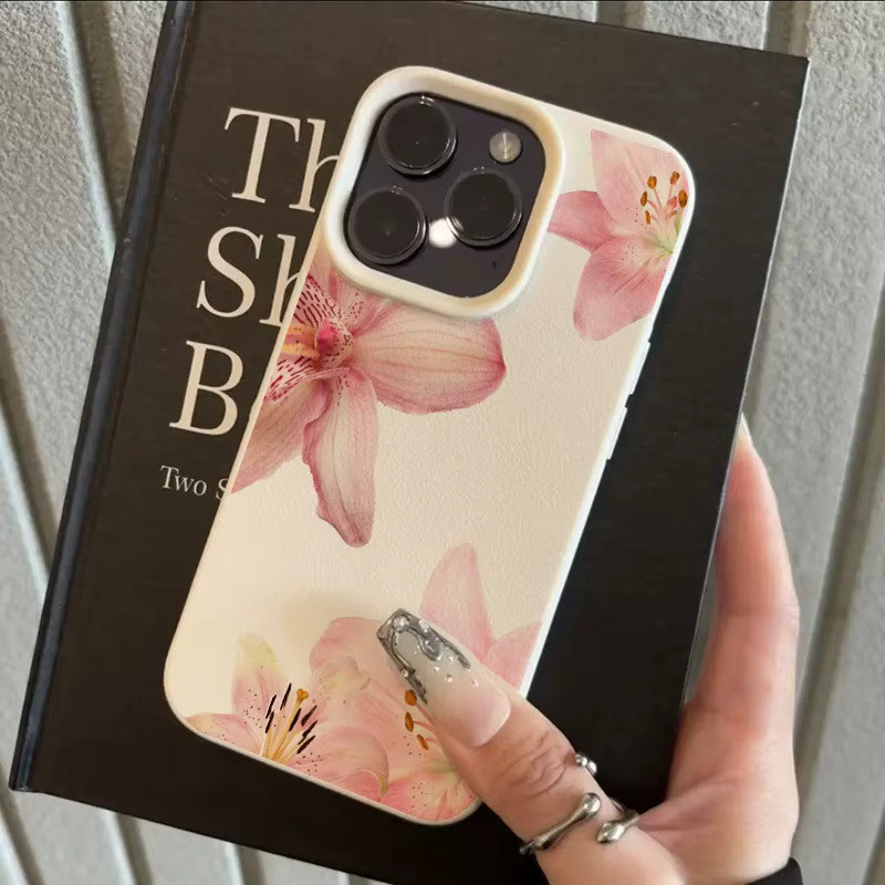 Apple Handyhülle mit Blumenmuster und Litschi-Struktur in Pink und Beige für iPhone 17 16 Pro Max 15 14 Plus 13 12 11 stoßdämpfend und rutschfest - Bild 3