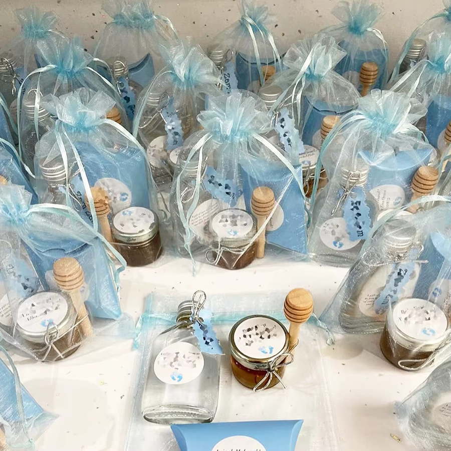 Transparente blaue Organzabeutel mit Kordelzug als kleine Netzbeutel für Schmuck und Geschenke - Bild 2