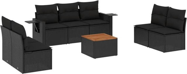 vidaXL 8-tlg Garten-Sofagarnitur aus Poly-Rattan und Akazienholz in Schwarz mit Kissen - Bild 1