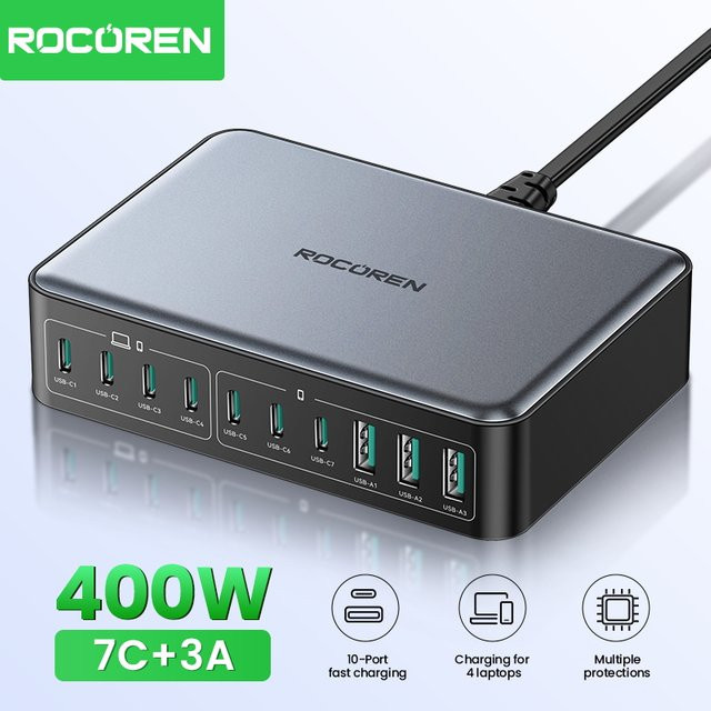 Rocoren 400 W USB Typ C Ladegerät 10-in-1 Desktop-Ladestation in Schwarz für iPhone 16 Pro Max und MacBook Air - Bild 1
