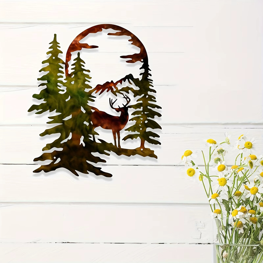 DDPNKL Rustikale Metall-Wandkunst mit Hirschenmotiv, Kiefern und Halbmond in Multicolor für Innen- und Außenbereiche - Bild 2