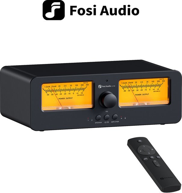Fosi Audio LC30 Verstärker Lautsprecher Umschalter 2-in-2 Out mit Dual Analog VU Meter und Fernbedienung, Schwarz - Bild 1