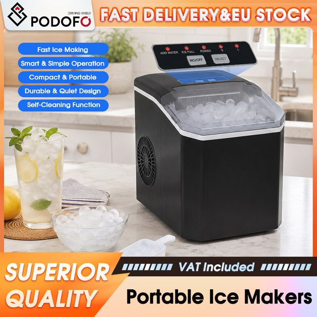 Podofo Mini-Eismaschine in Schwarz mit digitalem LED-Bedienfeld, 15 kg Eisproduktion pro 24 Stunden, inklusive Eisbehälter und Eisschaufel - Bild 1