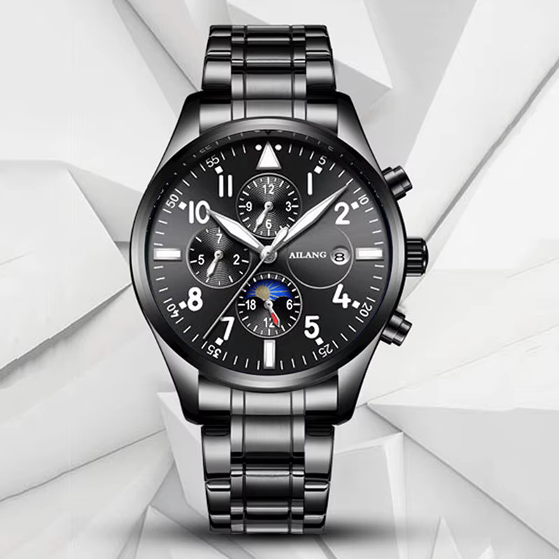 AILANG Armbanduhr Automatik, Edelstahl, Schwarz, Herren, Mondphase, Datum - Bild 2