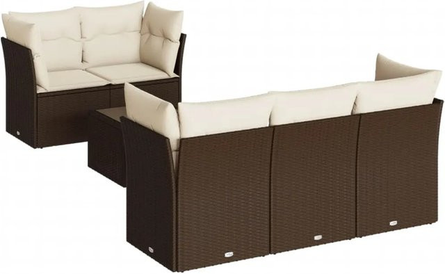 vidaXL 7-teilige Garten-Sofagarnitur aus Poly-Rattan in Braun mit cremeweißen Kissen - Bild 1